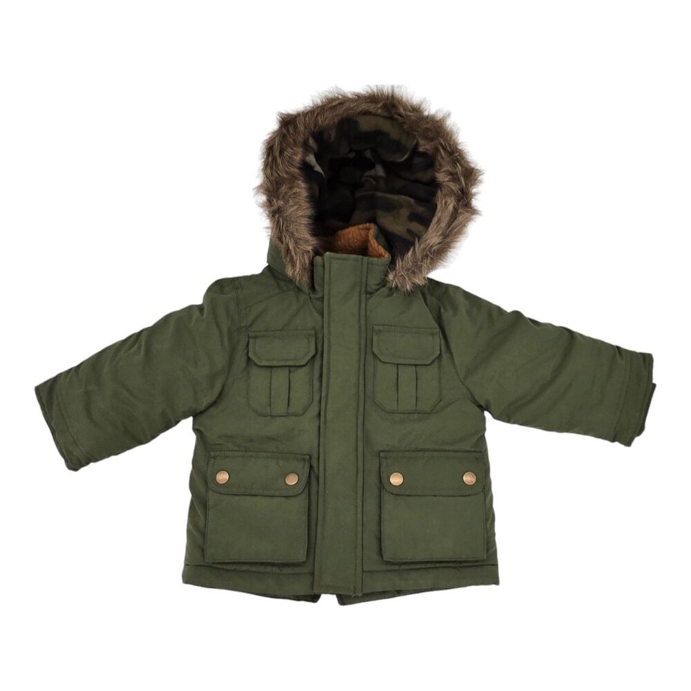 Carters Parka Jacket 18M Sherpa Lined Hooded Olive Green Faux Fur Trim NWT